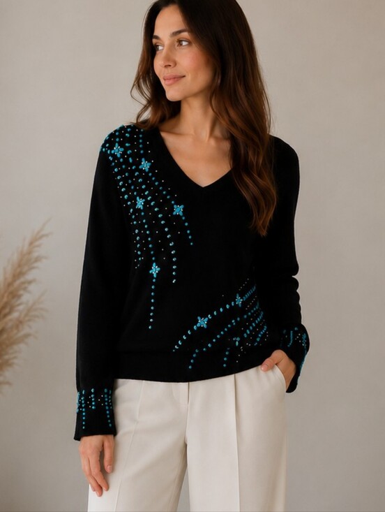 kathy levine Sweaters - Black V-Neck Sweater with Turquoise Beaded Star Accents